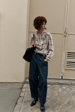 ZARA РУБАШКА В КЛЕТКУ С ВОЛАНАМИ, ЭКРЮ/КОРИЧНЕВЫЙ