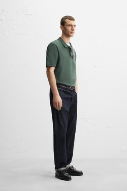 ZARA ПОЛО ИЗ РЕЛЬЕФНОЙ ТКАНИ ПИКЕ С ЭФФЕКТОМ ПОТЕРТОСТИ, ЛИНЯЛЫЙ ЗЕЛЕНЫЙ