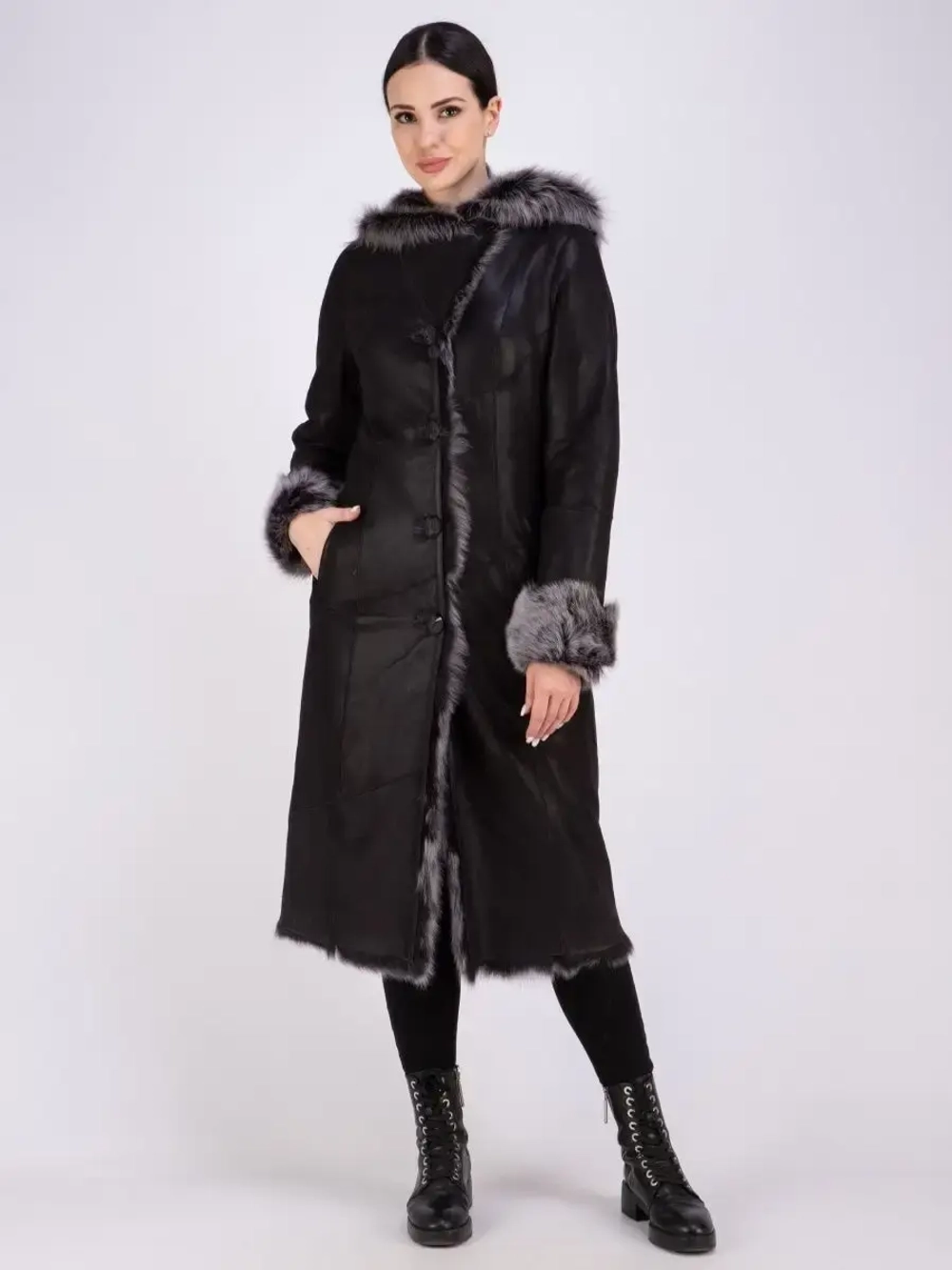 Дубленка натуральная с капюшоном длинная Турция