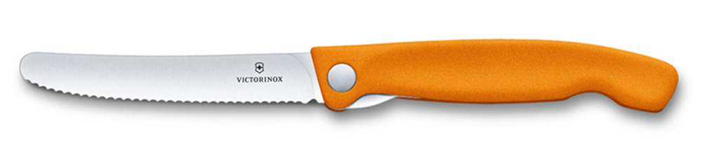 Фото нож для овощей VICTORINOX SwissClassic складной лезвие из нержавеющей стали 11 см с волнистой кромкой оранжевая рукоять из полипропилена в картонном блистере с гарантией