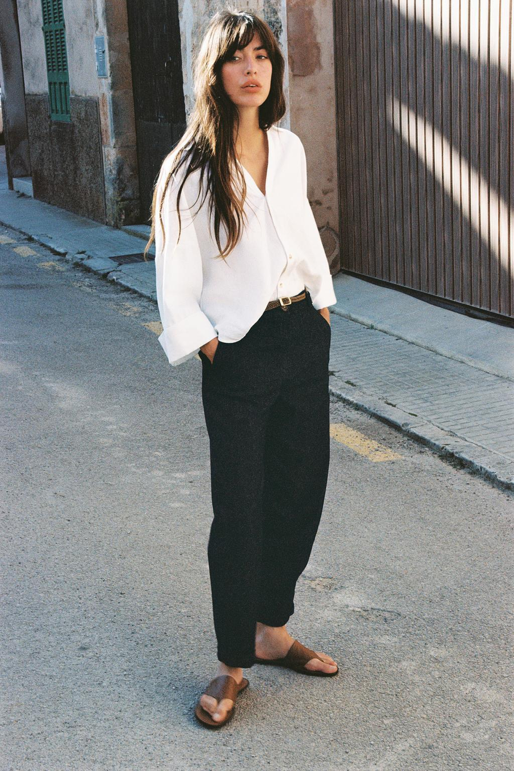 ZARA РУБАШКА ИЗ СМЕСОВОГО ЛЬНА С ШИРОКИМИ РУКАВАМИ, БЕЛЫЙ