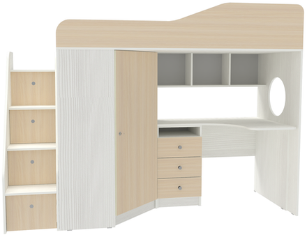 Кровать-чердак КарИВи Кадет 1 с универсальной лестницей Белое Дерево  Дуб Молочный