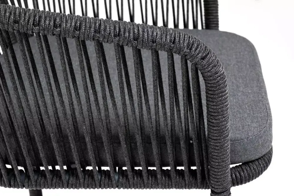 "Марсель" стул барный плетеный из роупа, каркас из стали серый (RAL7022) муар, роуп темно-серый круглый, ткань темно-серая 027