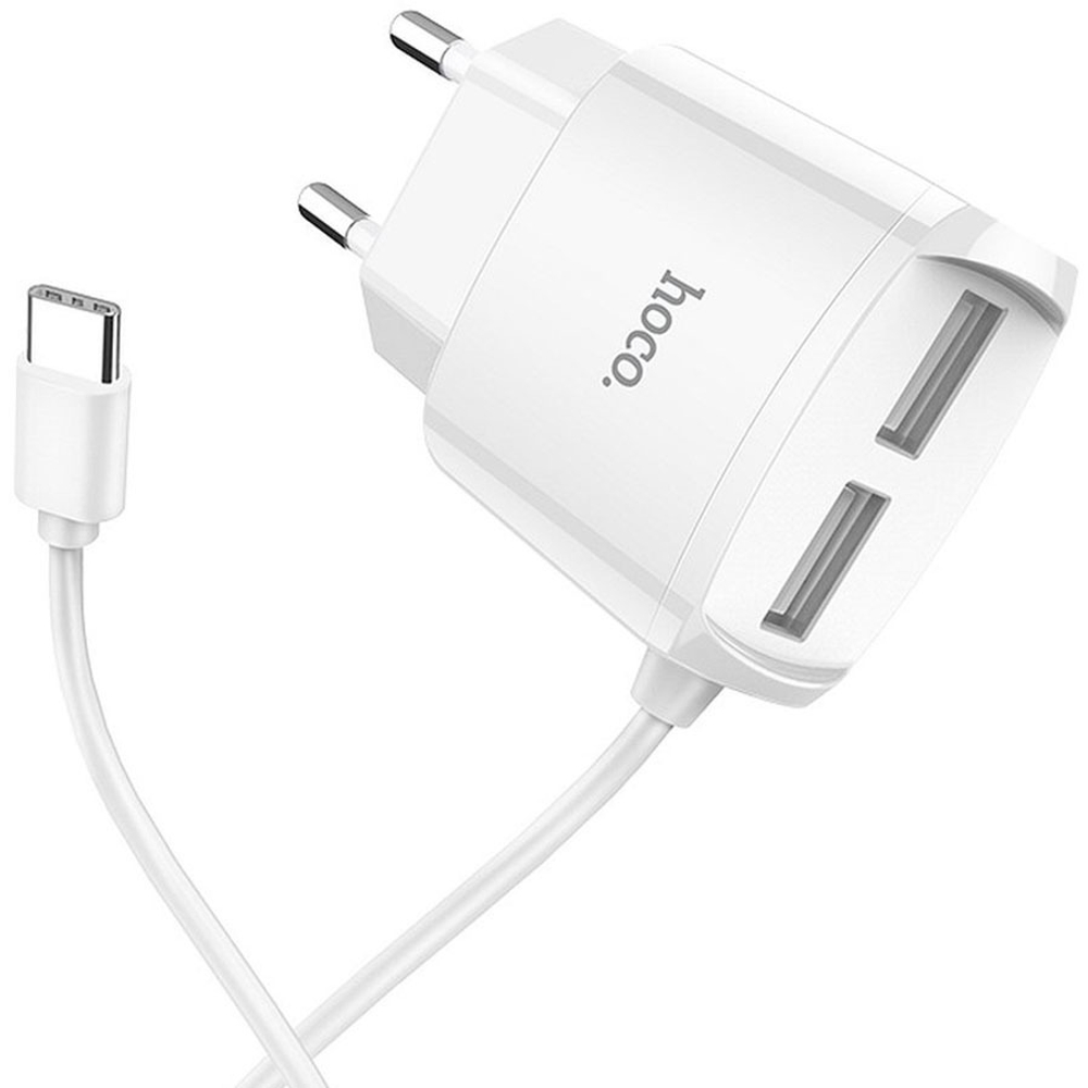 Сетевое зарядное устройство USB Hoco C59A (2A, 2 порта, кабель Type-C) Белый