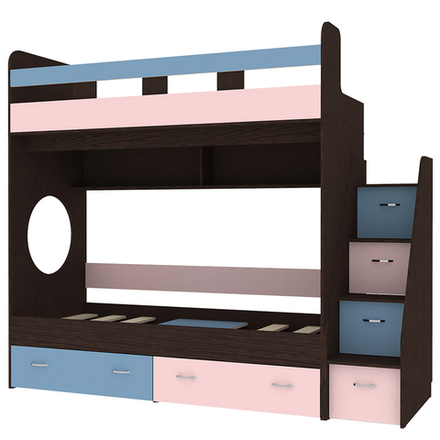 Двухъярусная кровать КарИВи Юниор 1 80x160 Венге Голубой, Розовый