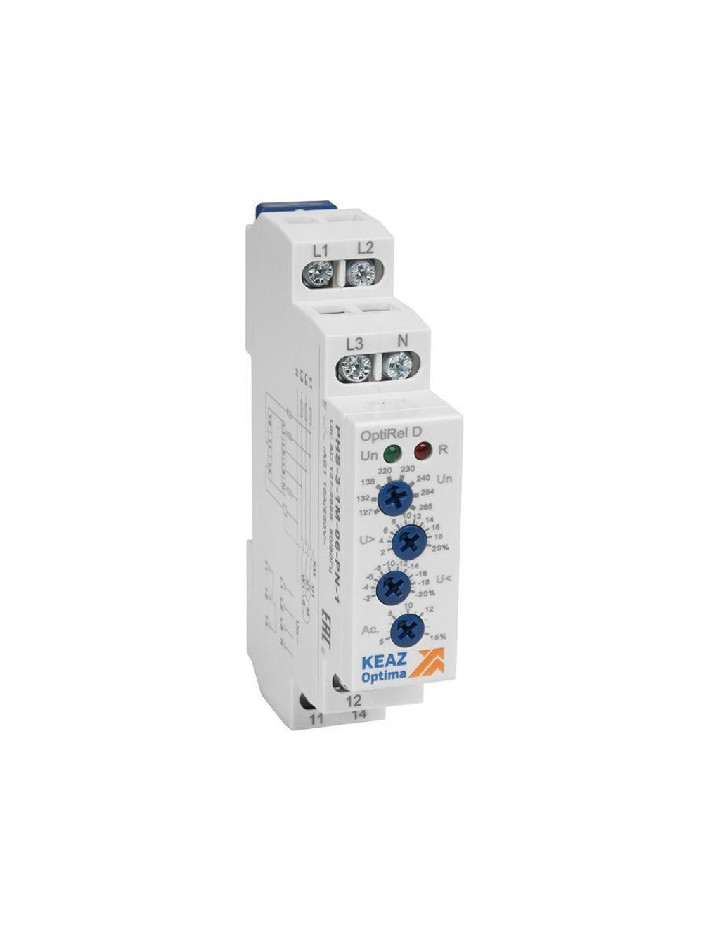 Реле контроля фаз OptiRel D PHS-3-1M-06-PP-2 повышенного/пониженного настр асимметрии 3Ф 2СО КЭАЗ 332000