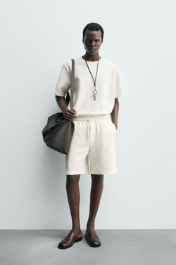 ZARA ШОРТЫ-ДЖОГГЕРЫ ИЗ РЕЛЬЕФНОЙ ТКАНИ, ЖЕЛТОВАТО-БЕЛЫЙ