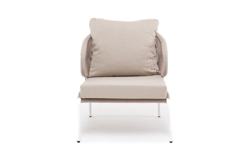 "Милан" кресло плетеное из роупа, каркас алюминий белый муар, роуп бежевый круглый, ткань бежевая 035