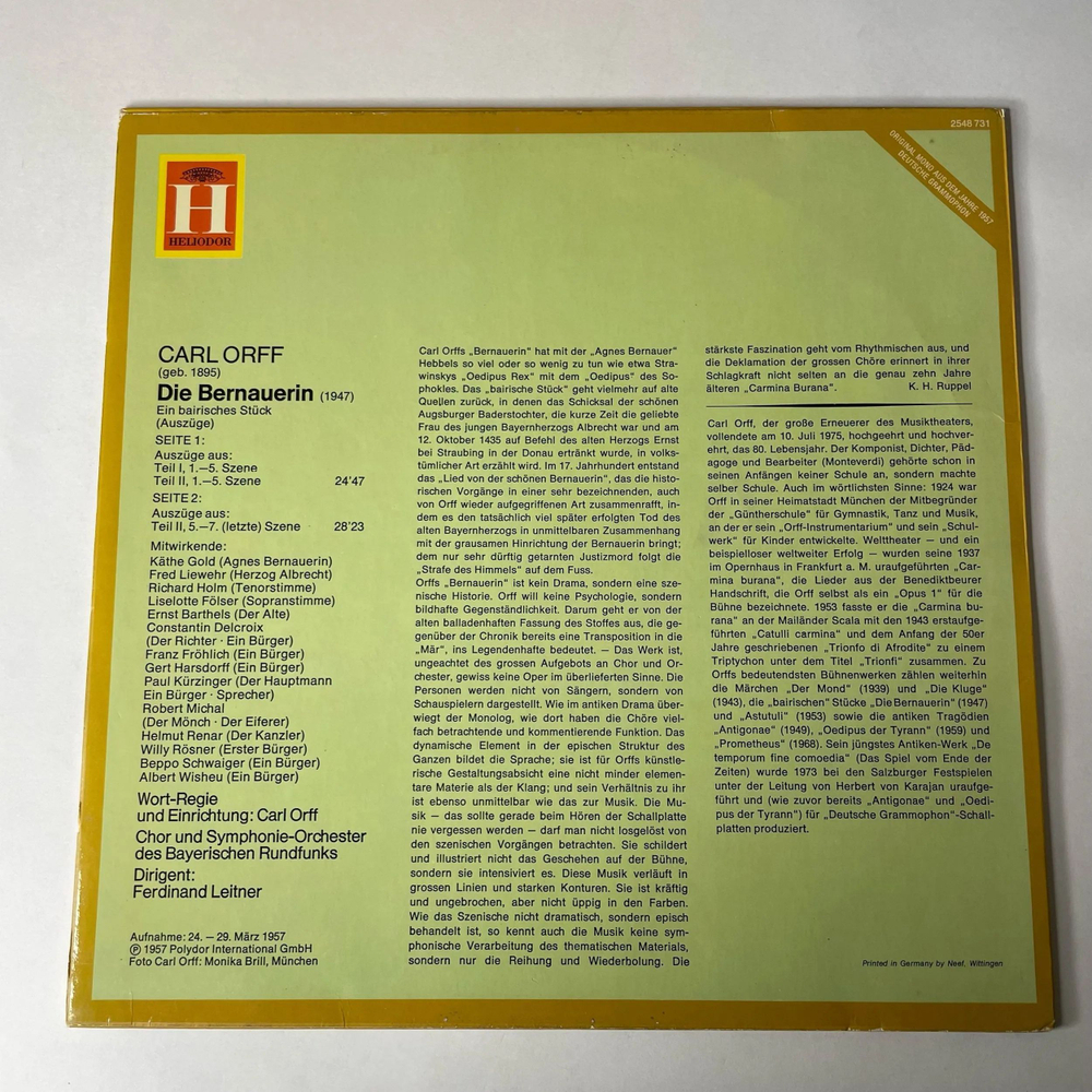 Винтажная виниловая пластинка LP Carl Orff Die Опера Бернауэрин Bernauerin (Auszuge) (Германия 1975)