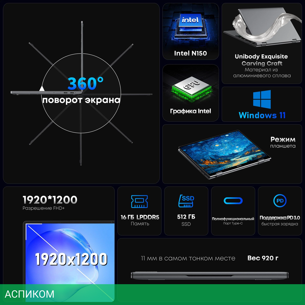 Ноутбук Chuwi MiniBook X N-series N150 16Gb SSD512Gb Intel Graphics 10.51" IPS Touch FHD+ (1920x1200) Windows 11 Home grey WiFi BT Cam 3800mAh