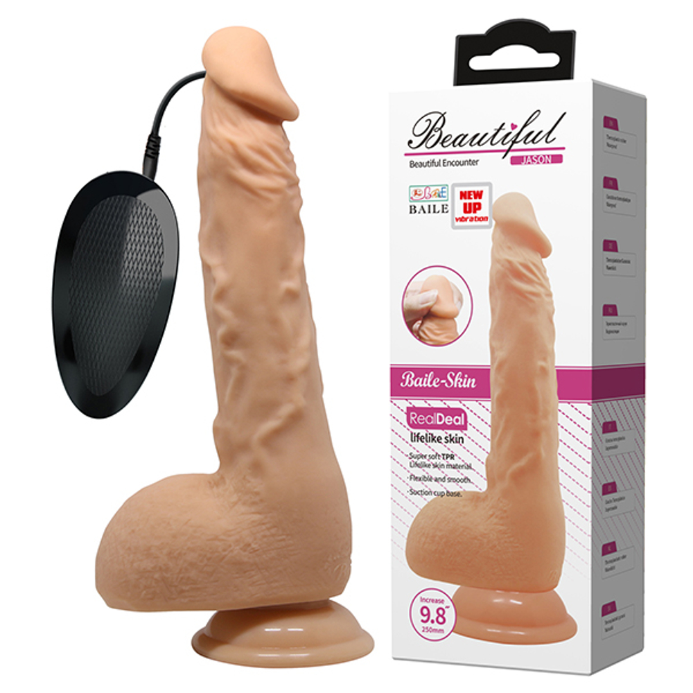 Телесный вибратор-реалистик 25см с большой мошонкой и пультом ДУ Baile Jason BW-008041ZSY