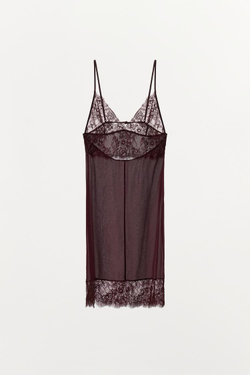 ZARA КОМБИНИРОВАННОЕ МИНИ-ПЛАТЬЕ С КРУЖЕВОМ, ТЕМНО-БОРДОВЫЙ