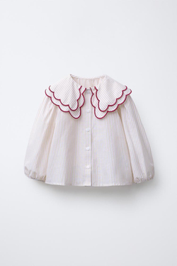 ZARA РУБАШКА В ПОЛОСКУ С ДВОЙНЫМ ВОРОТНИКОМ, ПЕСОЧНЫЙ