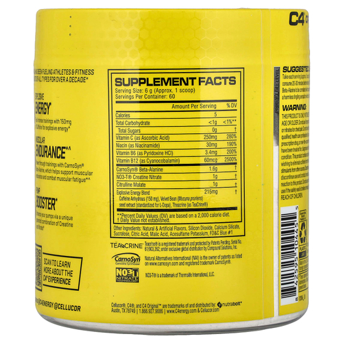 C4 / Cellucor, C4® Original, предтренировочный комплекс, со вкусом голубой малины, 360 г (12,7 унции)