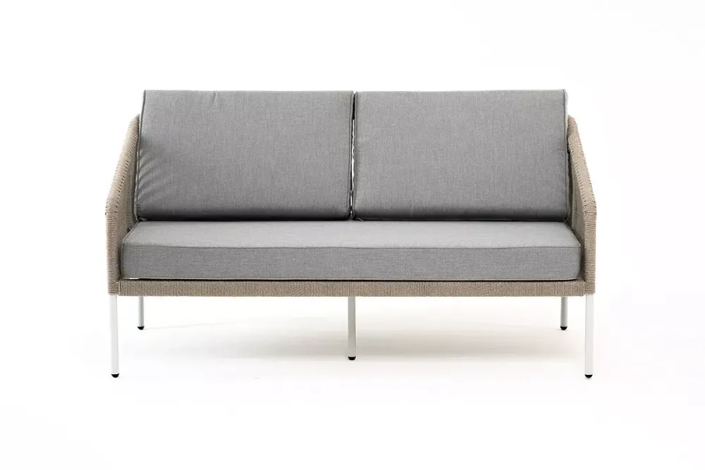 "Канны" диван 2-местный плетеный из роупа, каркас алюминий светло-серый (RAL7035) шагрень, роуп серый меланж круглый, ткань серая 017