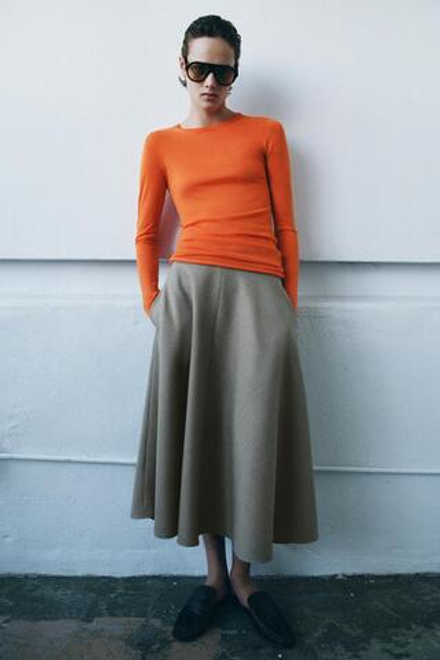 ZARA ШИРОКАЯ ЮБКА В ЕЛОЧКУ — ZW COLLECTION, БЕЖЕВЫЙ МЕЛАНЖ