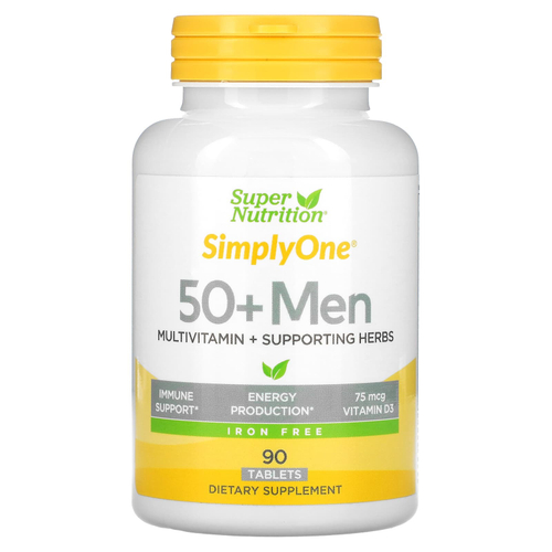 Super Nutrition, SimplyOne, мультивитамины и полезные травы для мужчин старше 50 лет, без железа, 90 таблеток