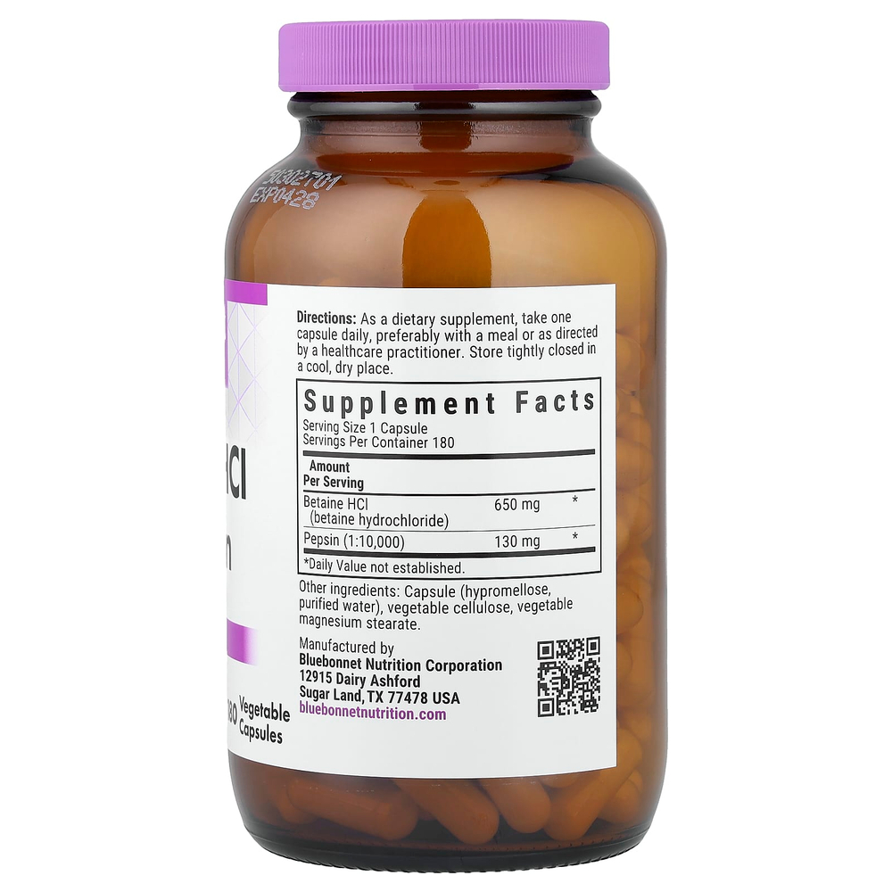 Bluebonnet Nutrition, Бетаина гидрохлорид, с пепсином, 180 растительных капсул