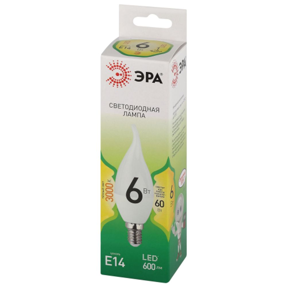 Лампа светодиодная ЭРА GREEN LINE LED BXS-6W-830-E14 GL 6Вт свеча на ветру теплый свет E14 | Лампы cветодиодные Свеча (B/C)