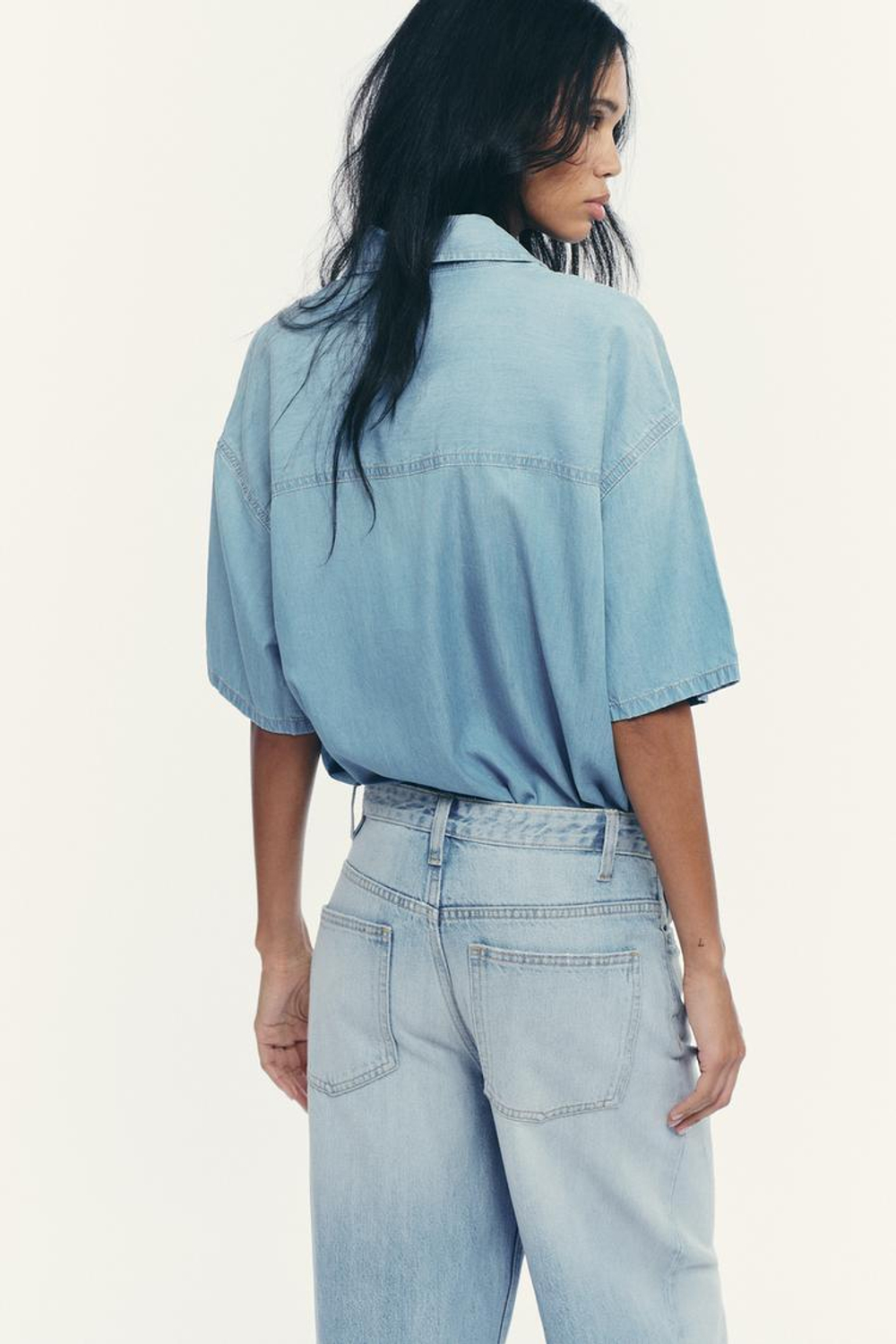 ZARA УКОРОЧЕННАЯ ДЖИНСОВАЯ РУБАШКА TRF, ГОЛУБОЙ