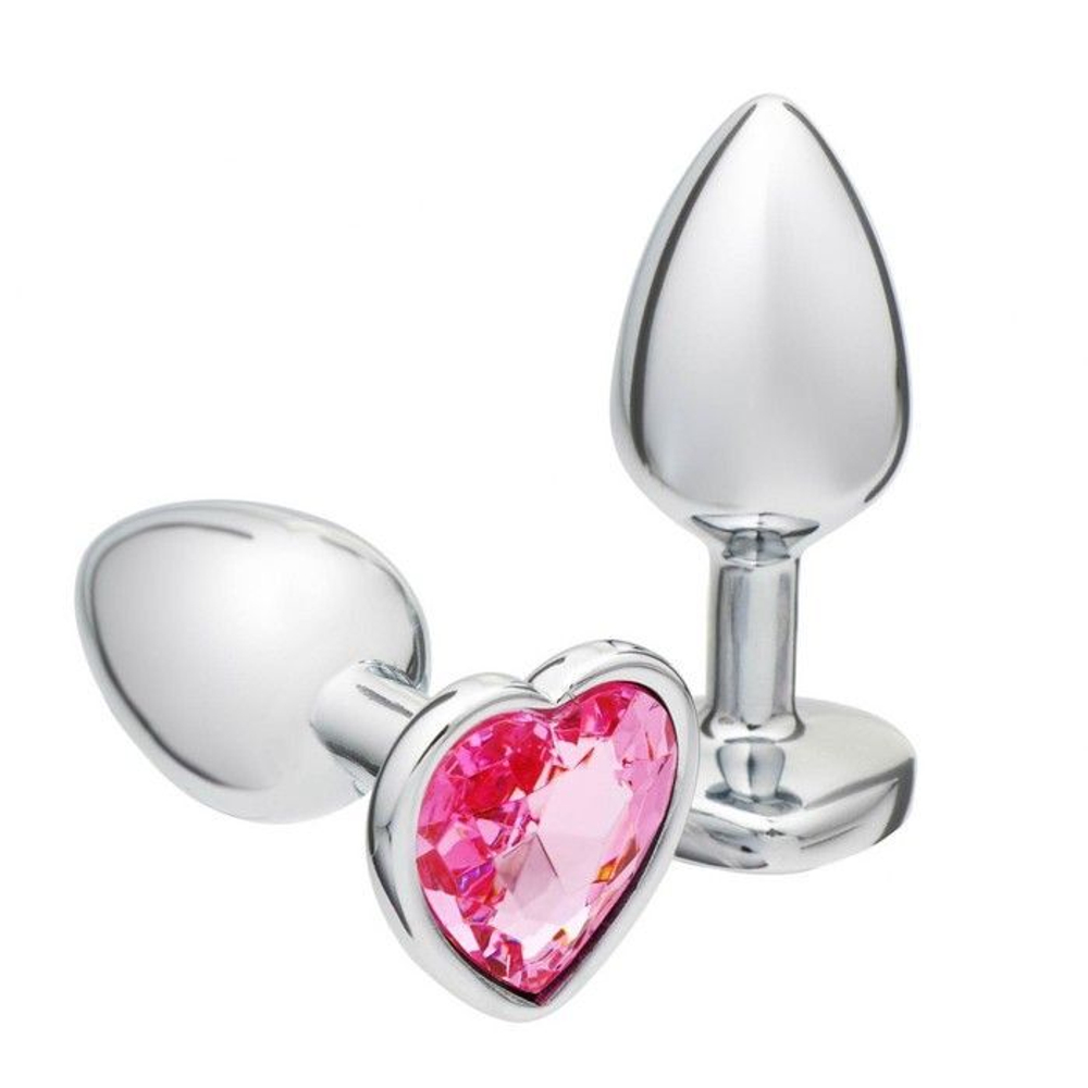 Серебристая анальная пробка с розовым кристаллом в форме сердца - 7 см. (Цвет: розовый)
