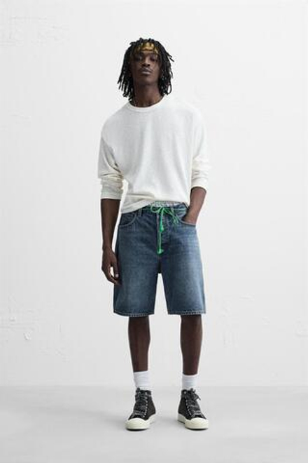 ZARA ДЖИНСОВЫЕ ШОРТЫ STRAIGHT-LEG, СИНИЙ