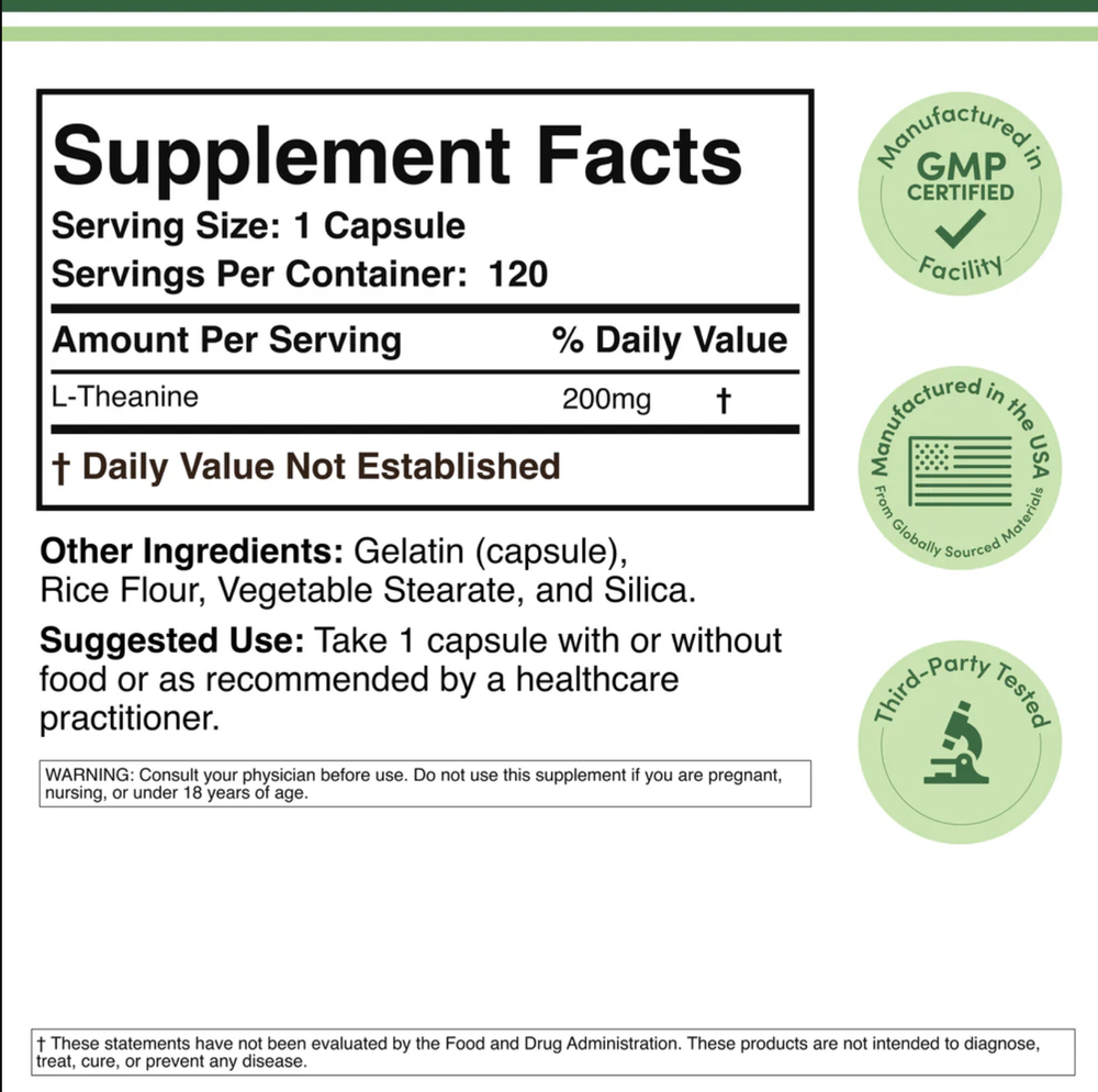 Double Wood Supplements - L-Theanine - 120 x 200 mg capsules