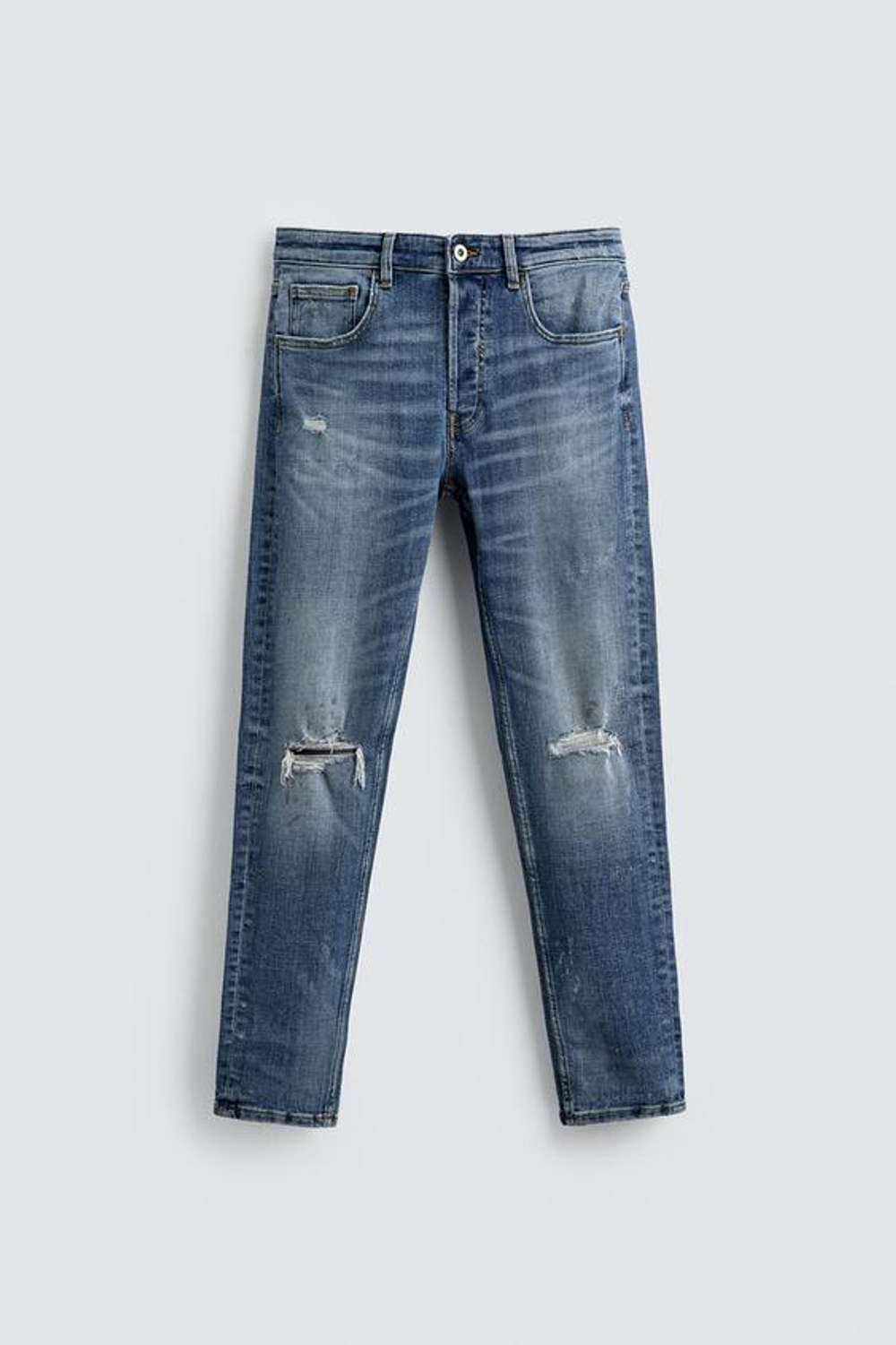 ZARA ДЖИНСЫ SKINNY FIT С ДЫРАМИ, ВЫЦВЕТШИЙ СИНИЙ