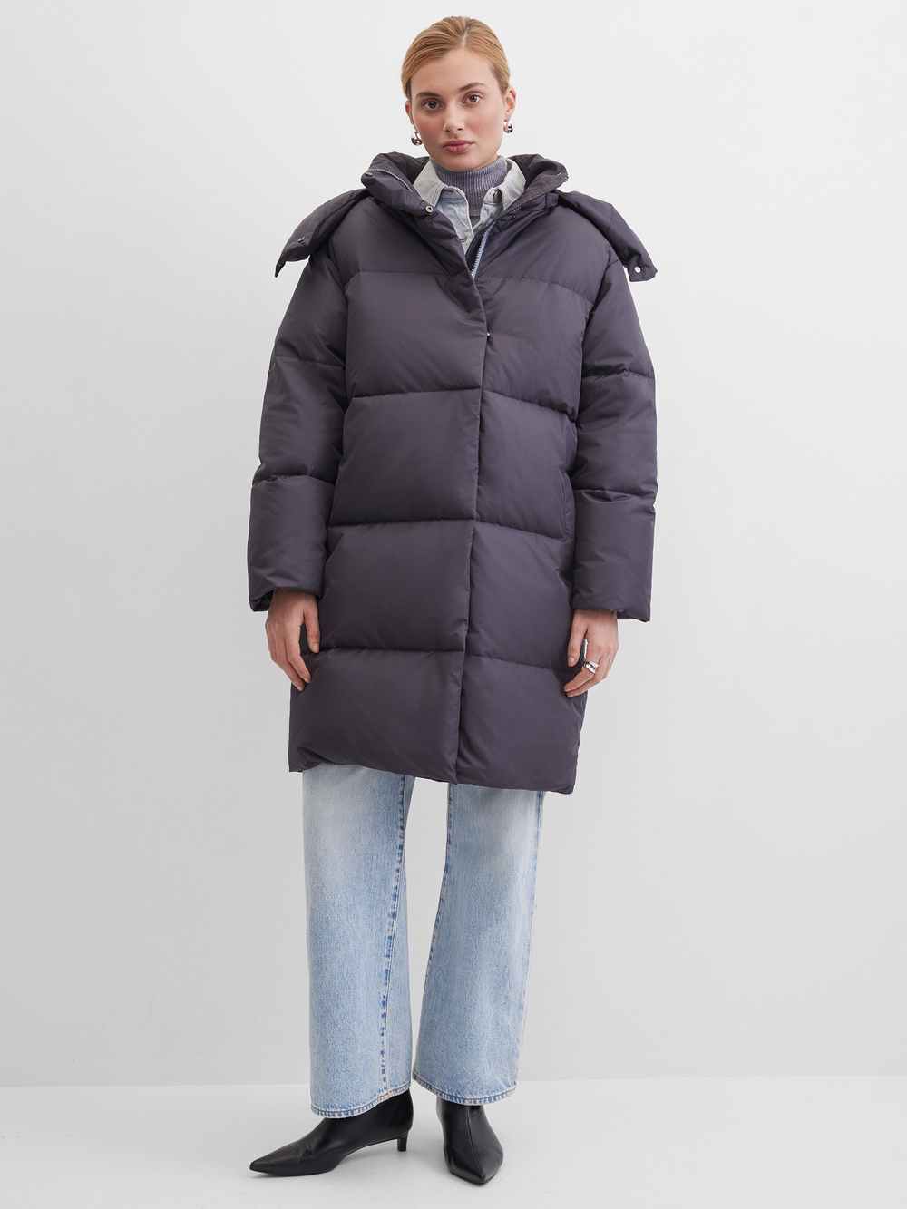 NEW❤️ MIDI пуховик с объемным капюшоном, DARK GREY🌚🌚🌚