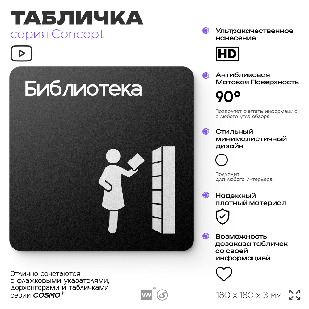 Табличка Библиотека, на дверь и стену, информационная и навигационная, серия CONCEPT, 18х18 см, пластиковая, Айдентика Технолоджи