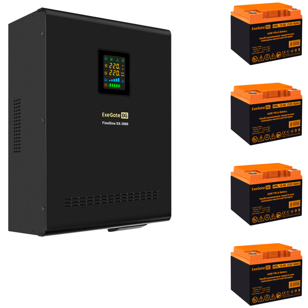 ИБП + батарея ExeGate FineSine SX-3000.LCD.AVR.2SH.T + 4x HRL 12-45 (45Ач)