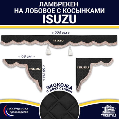 Ламбрекен с косынками двусторонние Isuzu (экокожа, черный, коричневые кисточки)