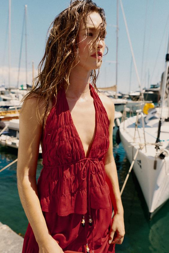ZARA УКОРОЧЕННЫЙ ТОП ХАЛТЕР ИЗ ЛЬНА, ГРАНАТОВЫЙ
