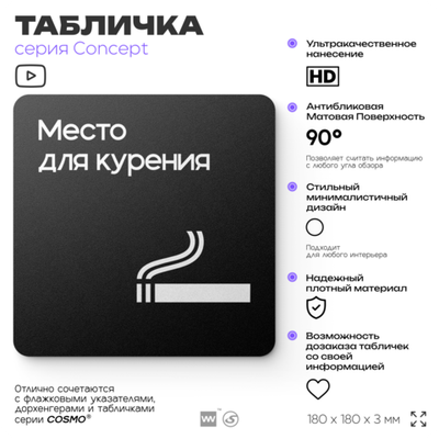 Табличка Место для курения, на дверь и стену, навигационная и информационная, серия CONCEPT, 18х18 см, Айдентика Технолоджи