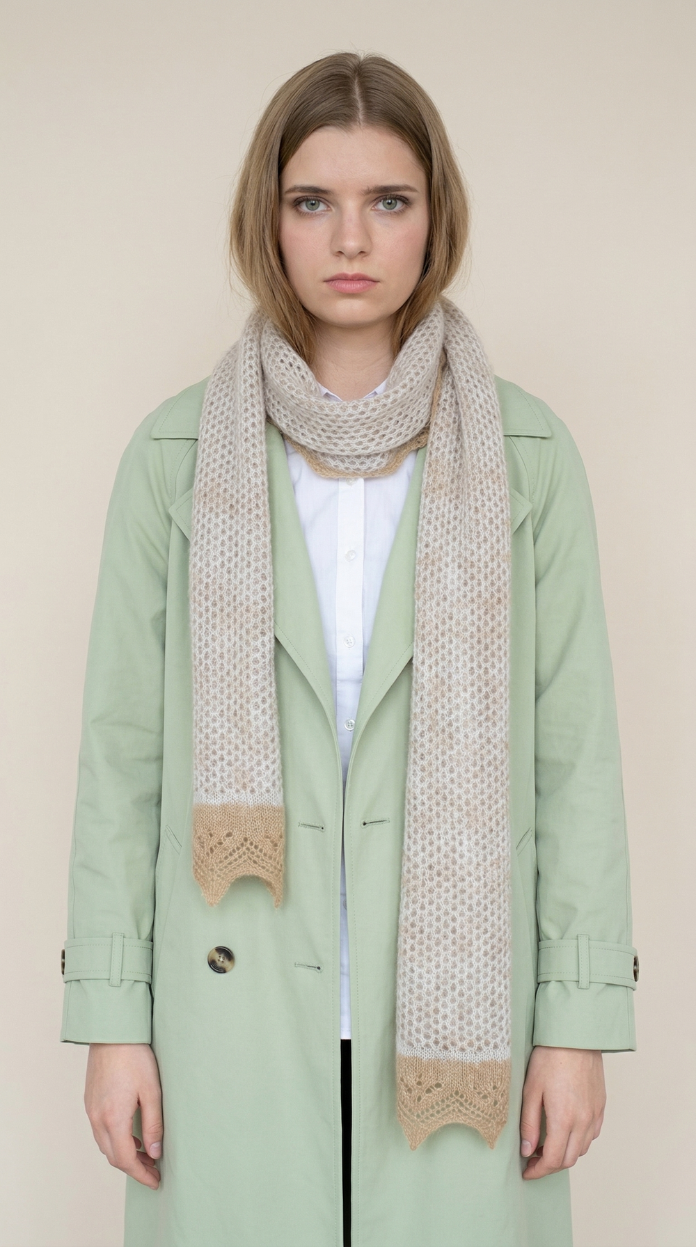 Оренбургский пуховый палантин П2-15050-08/13 бежевый/коричневый