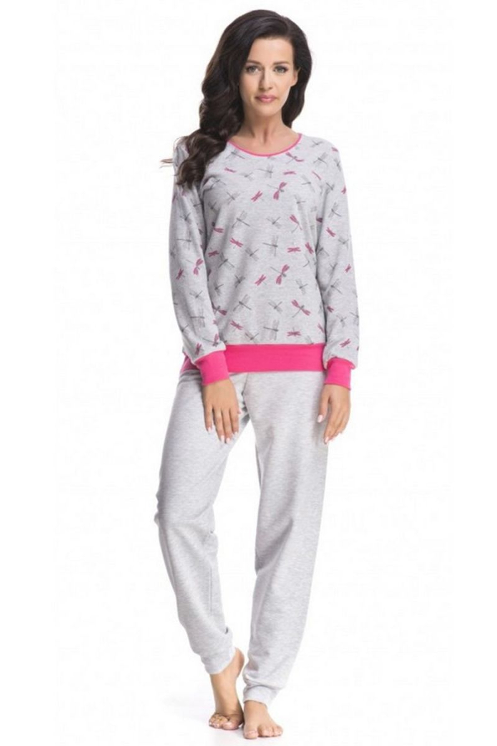 Уютная пижама с яркой оторочкой на кофте и мелким узором (Размер: L) (Цвет: серый с розовым)