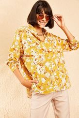 Qadın üçün çiçəkli, xardal rəng köynək 10111033