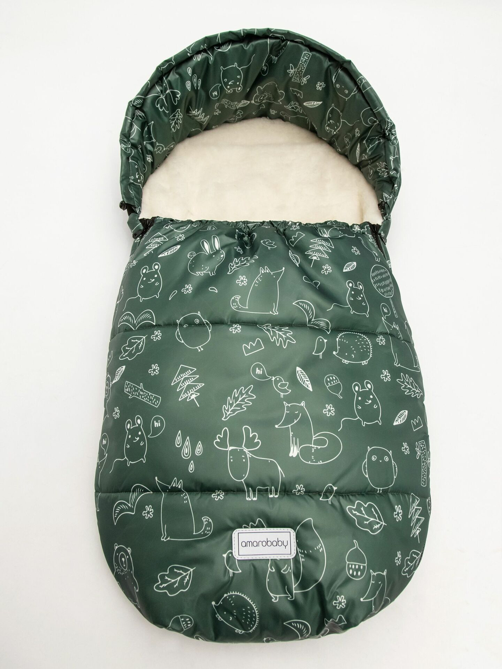 Конверт зимний меховой AMAROBABY Snowy Baby Зверята, хаки, 85 см.