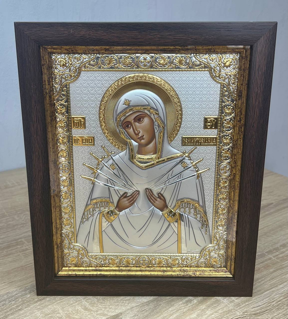 Семистрельная БМ, икона прямоугольная в рамке под стеклом, красное дерево 170х210