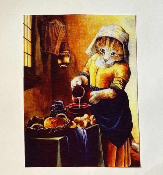 Кошка с молоком/Панно, холст 20 / 15 см 1