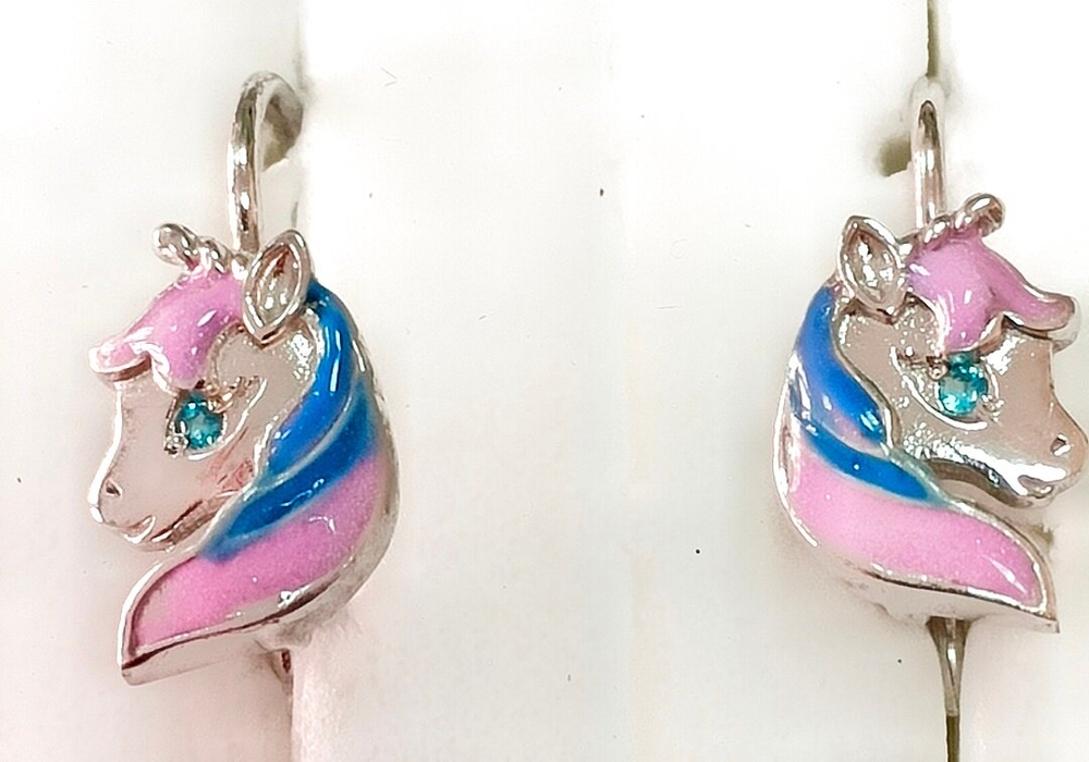 Ювелирные детские серьги"Единорог"из серебра