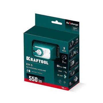 KRAFTOOL KH-5, 550 лм, 3 режима, аккумуляторный налобный фонарь, 1800мАч (56454)
