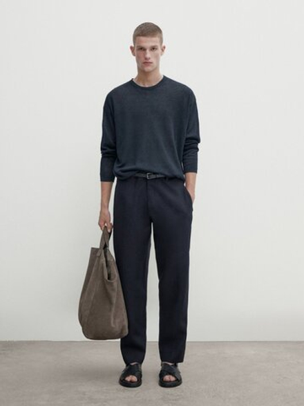 Massimo Dutti Льняной свитер с круглым вырезом, темно-синий