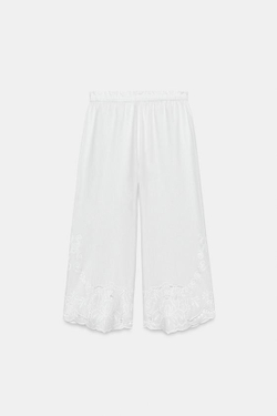 ZARA БРЮКИ С ВЫШИВКОЙ И ЛЬНОМ — ZW COLLECTION, ЖЕЛТОВАТО-БЕЛЫЙ