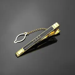 Зажим для галстука стальной "Классический" квадраты с эмалью, цвет чёрный в золоте