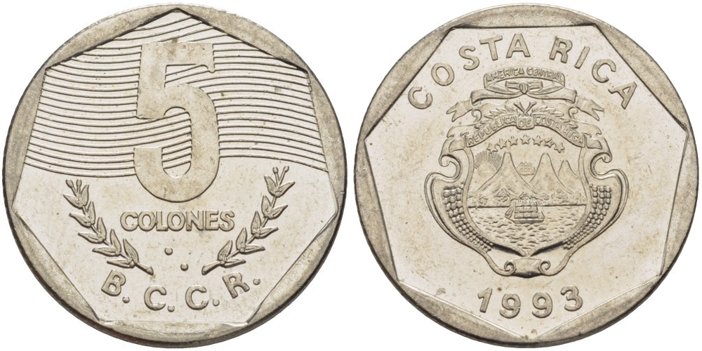 Коста-Рика 5 колонов, 1993 Герб XF