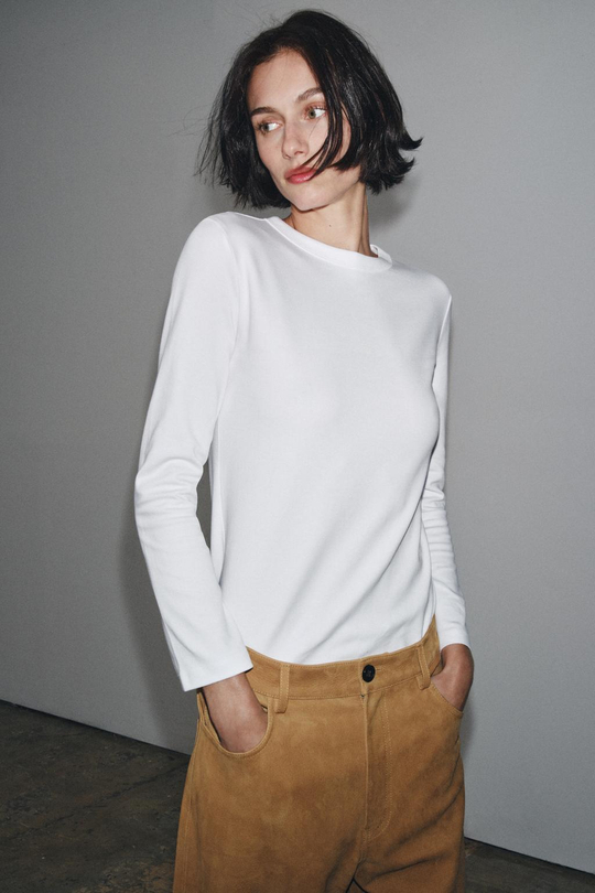 ZARA ФУТБОЛКА INTERLOCK С ДЛИННЫМИ РУКАВАМИ, БЕЛЫЙ