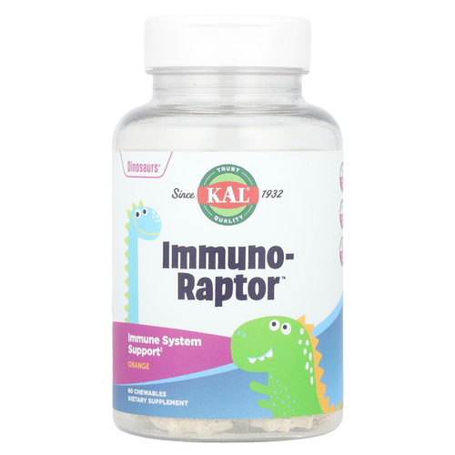 KAL, Dinosaurs®, Immuno-Raptor™, добавка для поддержки иммунитета, со вкусом апельсина, 60 жевательных таблеток