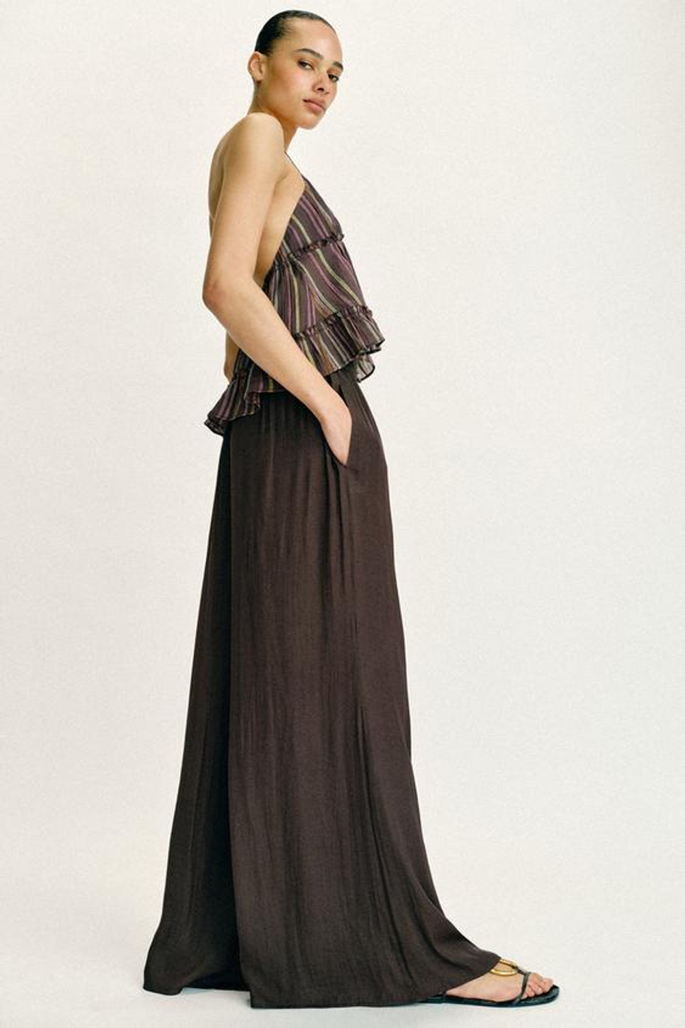 ZARA ШИРОКИЕ БРЮКИ С ВЫСОКОЙ ПОСАДКОЙ, КОРИЧНЕВЫЙ