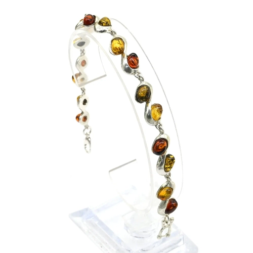 Браслет с янтарём в посеребрении овальчик двойной ассорти, 20см